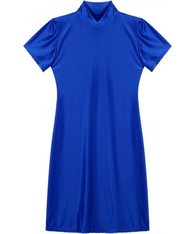 Womens Bodycon Dress Glossy Wet Look Short Sleeve Mock Neck Rave Party Dress Clubwear Blue $9.09 Dresses