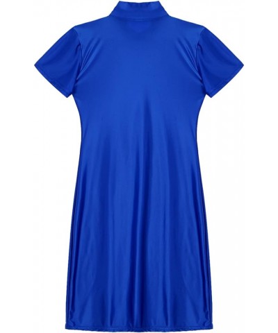 Womens Bodycon Dress Glossy Wet Look Short Sleeve Mock Neck Rave Party Dress Clubwear Blue $9.09 Dresses