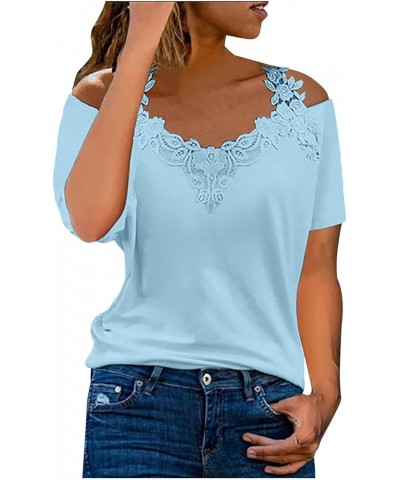 Women Summer Tops Casual V Neck Lace Patchwork T Shirts Short Sleeve Cold Shoulder Loose Fit Fashion Blouses 2023 6 Blue $3.7...