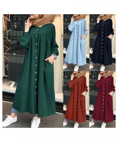 Women's Retro Kaftan Abaya Dress Muslim Long Sleeve Crew Neck Split Maxi Dress Islamic Arab Jilbab with Pockets 03-navy $10.0...