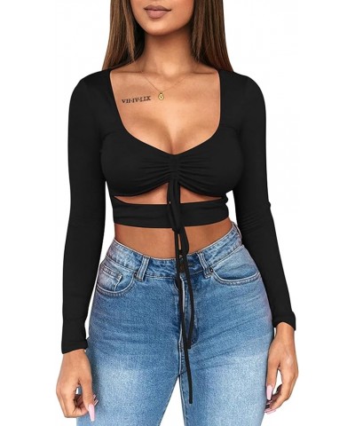 Women's Sexy Ruched Tie Up Crop Top Basic Long Sleeve Cut Out T Shirt Long Sleeve Black $8.80 T-Shirts