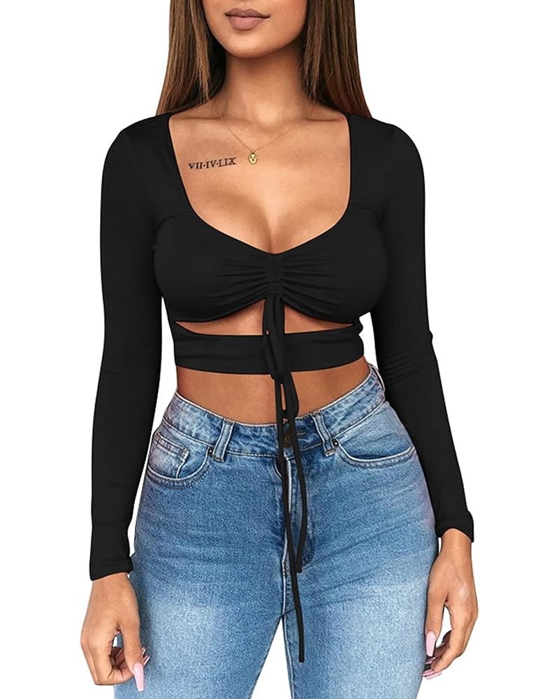 Women's Sexy Ruched Tie Up Crop Top Basic Long Sleeve Cut Out T Shirt Long Sleeve Black $8.80 T-Shirts