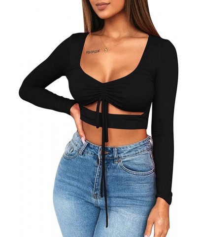 Women's Sexy Ruched Tie Up Crop Top Basic Long Sleeve Cut Out T Shirt Long Sleeve Black $8.80 T-Shirts