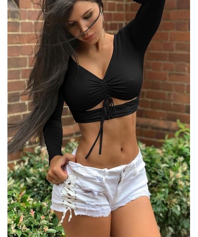 Women's Sexy Ruched Tie Up Crop Top Basic Long Sleeve Cut Out T Shirt Long Sleeve Black $8.80 T-Shirts