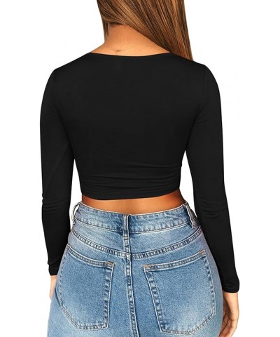 Women's Sexy Ruched Tie Up Crop Top Basic Long Sleeve Cut Out T Shirt Long Sleeve Black $8.80 T-Shirts