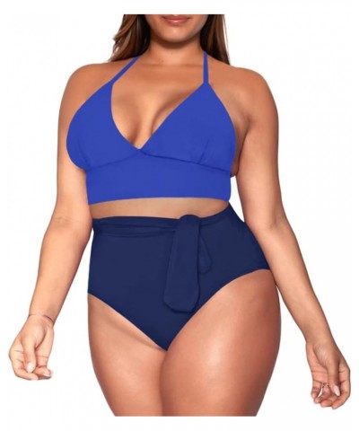Women's Plus Size High Waisted Tummy Control Swimwear Swimsuit Full Coverage Tiny-halter-strap Blue Navy $15.91 Swimsuits