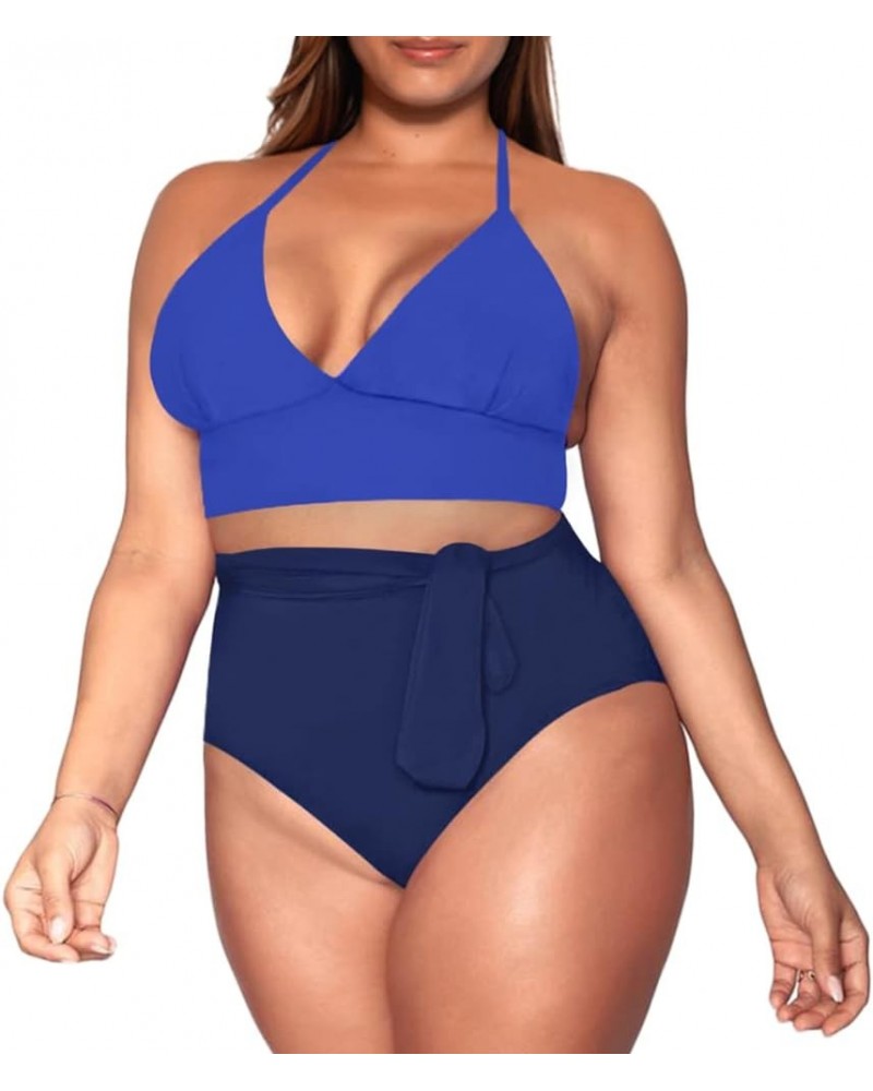 Women's Plus Size High Waisted Tummy Control Swimwear Swimsuit Full Coverage Tiny-halter-strap Blue Navy $15.91 Swimsuits