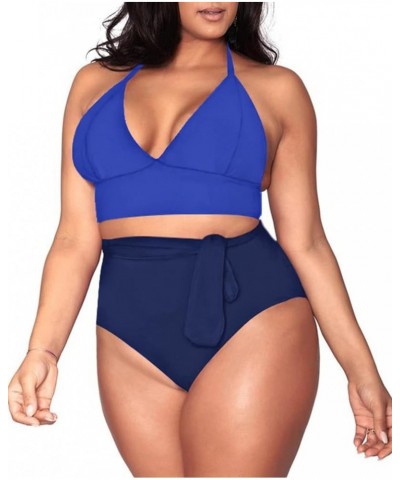 Women's Plus Size High Waisted Tummy Control Swimwear Swimsuit Full Coverage Tiny-halter-strap Blue Navy $15.91 Swimsuits