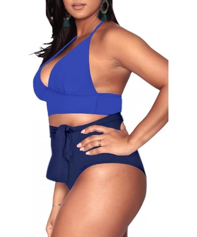 Women's Plus Size High Waisted Tummy Control Swimwear Swimsuit Full Coverage Tiny-halter-strap Blue Navy $15.91 Swimsuits