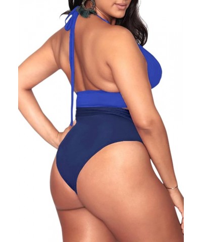 Women's Plus Size High Waisted Tummy Control Swimwear Swimsuit Full Coverage Tiny-halter-strap Blue Navy $15.91 Swimsuits