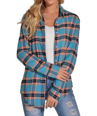 Women's Classic Plaid Button Down Shirt - Loose Fit and Long Sleeves Deep Sky Blue $12.45 Blouses