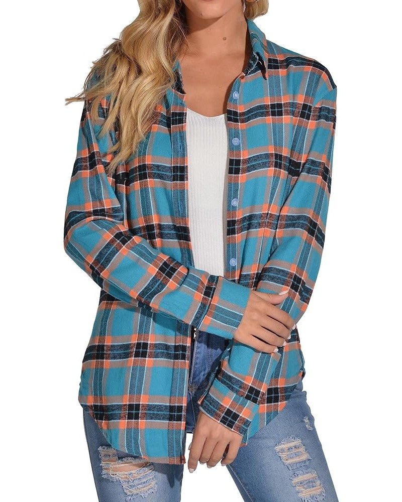 Women's Classic Plaid Button Down Shirt - Loose Fit and Long Sleeves Deep Sky Blue $12.45 Blouses