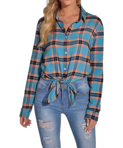 Women's Classic Plaid Button Down Shirt - Loose Fit and Long Sleeves Deep Sky Blue $12.45 Blouses