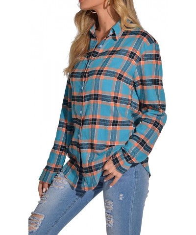 Women's Classic Plaid Button Down Shirt - Loose Fit and Long Sleeves Deep Sky Blue $12.45 Blouses