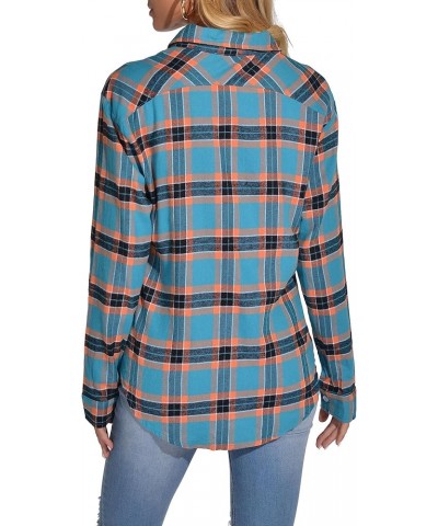 Women's Classic Plaid Button Down Shirt - Loose Fit and Long Sleeves Deep Sky Blue $12.45 Blouses