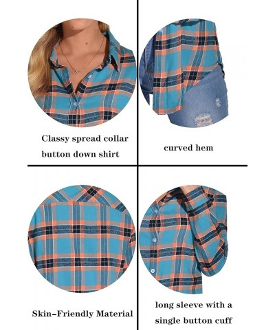 Women's Classic Plaid Button Down Shirt - Loose Fit and Long Sleeves Deep Sky Blue $12.45 Blouses