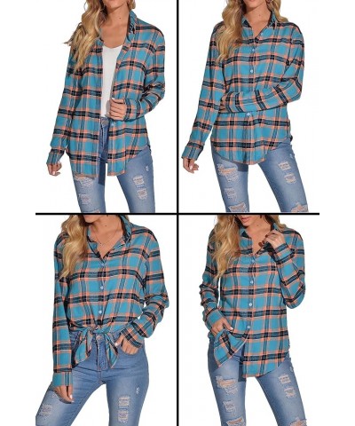 Women's Classic Plaid Button Down Shirt - Loose Fit and Long Sleeves Deep Sky Blue $12.45 Blouses