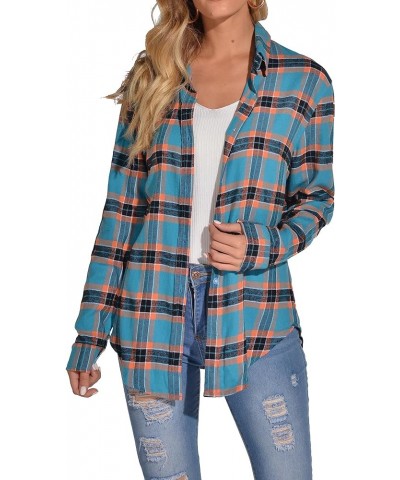 Women's Classic Plaid Button Down Shirt - Loose Fit and Long Sleeves Deep Sky Blue $12.45 Blouses