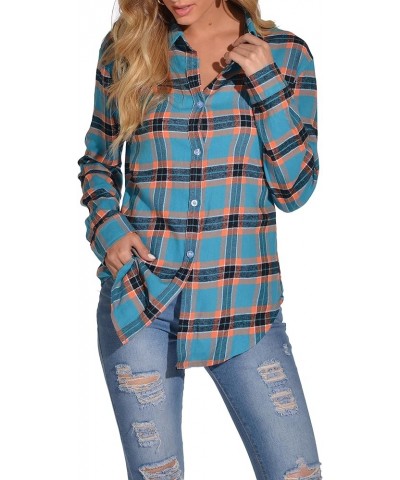 Women's Classic Plaid Button Down Shirt - Loose Fit and Long Sleeves Deep Sky Blue $12.45 Blouses