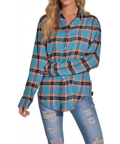 Women's Classic Plaid Button Down Shirt - Loose Fit and Long Sleeves Deep Sky Blue $12.45 Blouses