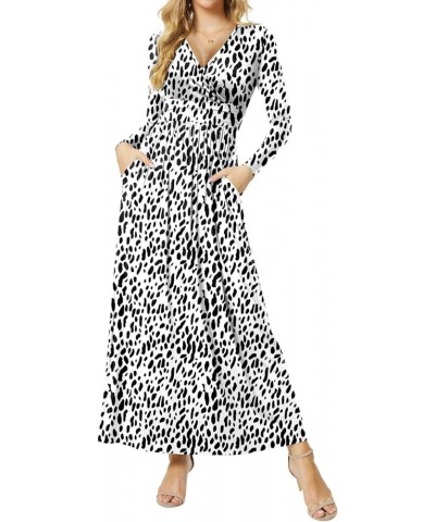 Women's Dresses Deep V-Neck Long Sleeve Empire Waist Long Dress Casual with Pockets L-leopard White $17.39 Dresses