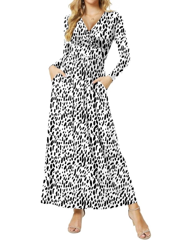 Women's Dresses Deep V-Neck Long Sleeve Empire Waist Long Dress Casual with Pockets L-leopard White $17.39 Dresses