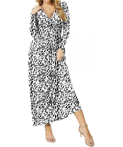 Women's Dresses Deep V-Neck Long Sleeve Empire Waist Long Dress Casual with Pockets L-leopard White $17.39 Dresses