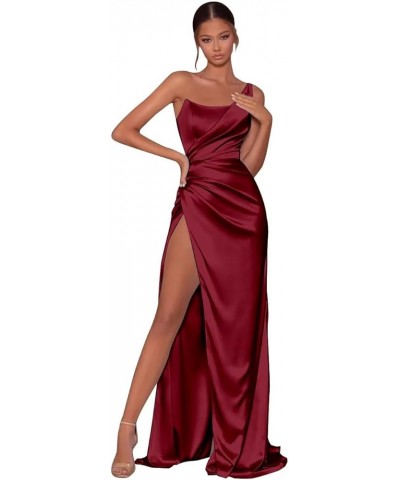 Satin Prom Dresses for Teens with Slit One Shoulder Bridesmaid Dresses Pleated Formal Dresses Burgundy $35.39 Dresses