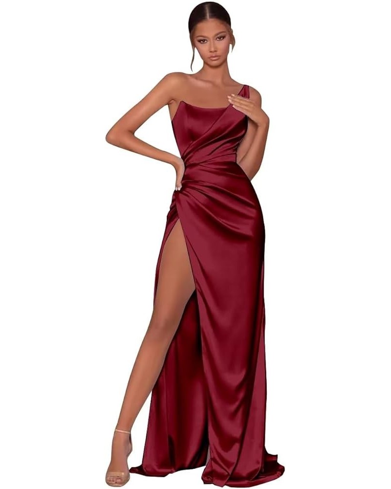 Satin Prom Dresses for Teens with Slit One Shoulder Bridesmaid Dresses Pleated Formal Dresses Burgundy $35.39 Dresses