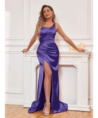 Satin Prom Dresses for Teens with Slit One Shoulder Bridesmaid Dresses Pleated Formal Dresses Burgundy $35.39 Dresses