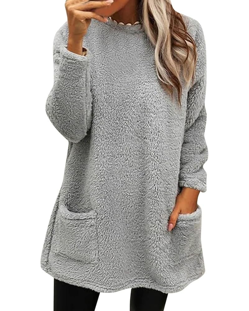 Cute Womens Tops Winter Warm Fleece Thickening Plus Size Casual Loose Lightweight Pullover with Pocket Grey 4 $4.57 Shirts