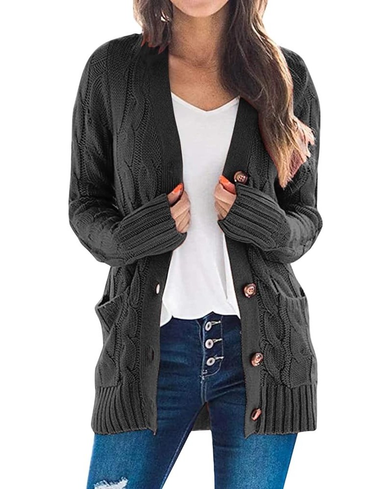 Cardigan Sweaters for Women Plus Size Long Sleeve Cable Knit Button Down Casual Chunky Outwear Coats with Pocket Dark Gray $1...