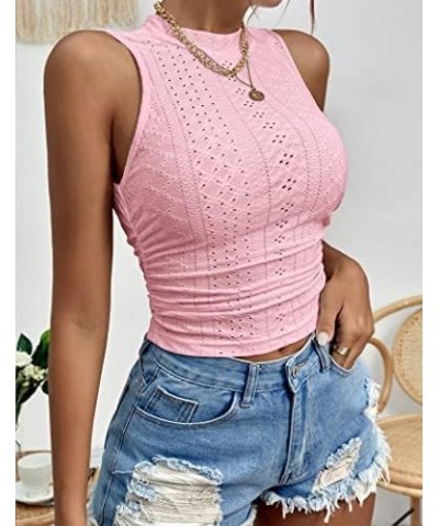 Tank Top for Women Sleeveless Mock Neck Ruched Racerback Eyelet Slim Fit Crop Top Pink $13.67 Tanks