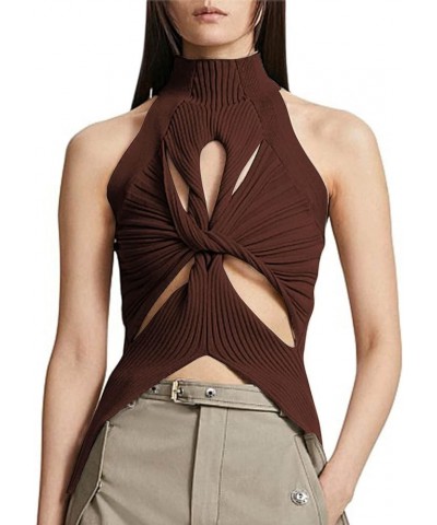 Women High Neck Knitted Tank Top Sexy Cut Out Twist Front Top Hollow Out Sleeveless Sweater Vest Knitwear Y2K Clothing Brown ...