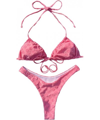 Women's Floral Halter Triangle Self Tie Cute High Cut 2 Piece Bikini Set Hot Pink $12.88 Swimsuits