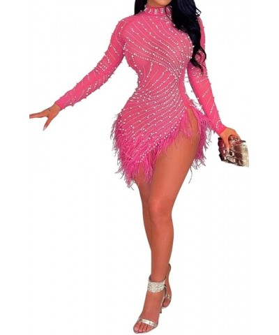 Women Sexy Rhinestone Hot Drilling Bodycon Dress Mesh See Through Tassels Long Sleeve Party Club Night Out Mini Dress Pink $3...