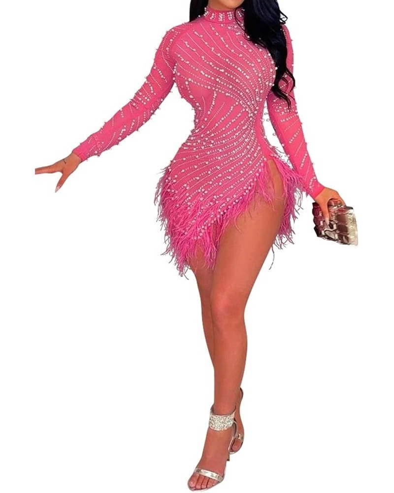 Women Sexy Rhinestone Hot Drilling Bodycon Dress Mesh See Through Tassels Long Sleeve Party Club Night Out Mini Dress Pink $3...