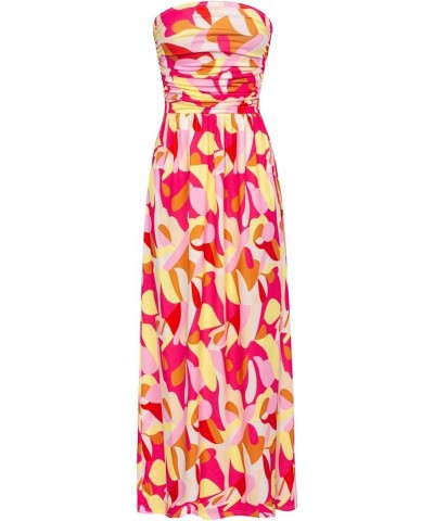 Women Strapless Casual Loose Ruched Long Maxi Dress with Pockets Yellow Pink $19.02 Dresses