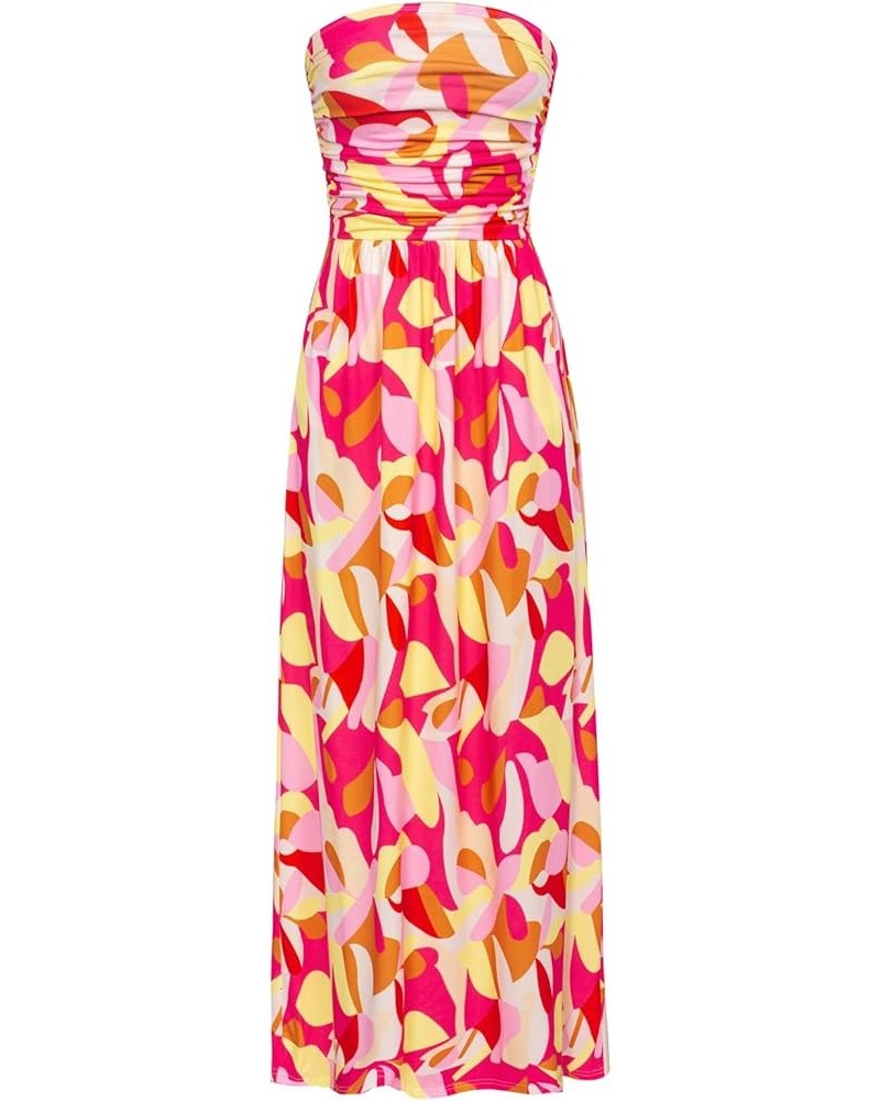 Women Strapless Casual Loose Ruched Long Maxi Dress with Pockets Yellow Pink $19.02 Dresses