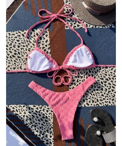 Women's Floral Halter Triangle Self Tie Cute High Cut 2 Piece Bikini Set Hot Pink $12.88 Swimsuits