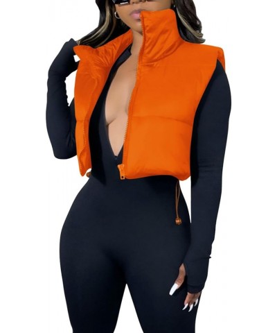 Women's Lightweight Cropped Puffer Vest Stand Collar Zip Up Sleeveless Puffy Gilet Waistcoat Orange $20.89 Vests