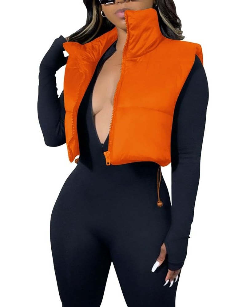 Women's Lightweight Cropped Puffer Vest Stand Collar Zip Up Sleeveless Puffy Gilet Waistcoat Orange $20.89 Vests