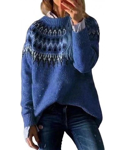 Womens Fall Vintage Fair Isle Sweater Casual Loose Long Sleeve Crewneck Knitted Pullover Sweater Tops 02-blue $15.20 Sweaters