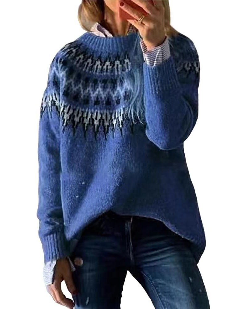 Womens Fall Vintage Fair Isle Sweater Casual Loose Long Sleeve Crewneck Knitted Pullover Sweater Tops 02-blue $15.20 Sweaters