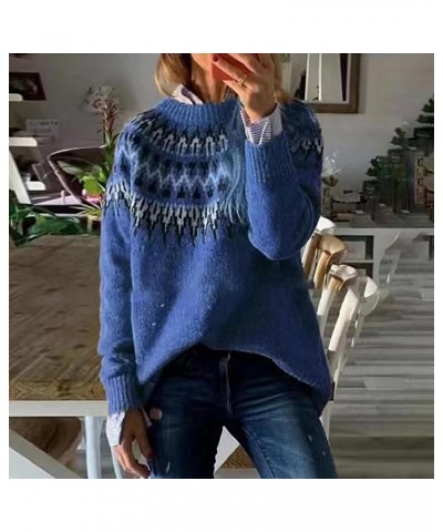 Womens Fall Vintage Fair Isle Sweater Casual Loose Long Sleeve Crewneck Knitted Pullover Sweater Tops 02-blue $15.20 Sweaters