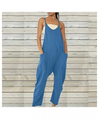 Jumpsuits for Women Casual Summer Sleeveless Overalls Loose V Neck Romper Solid Spaghetti Strap Pants with Pockets 04-dark Bl...