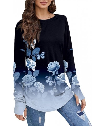 Spring Long Sleeve Tops for Women Crew Neck Basic Solid Color T-Shirts Blouse Tunic Tops with Thumb Holes 14-black $11.39 Tops