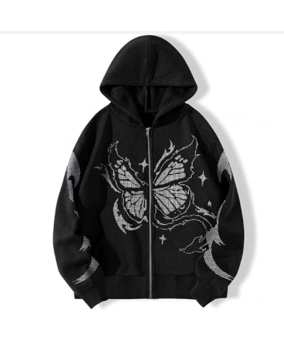 Y2k Vintage Zip Up Hoodie for Women Oversized Butterfly Graphic Long Sleeve Hooded Aesthetic Sweatshirt Jacket Black $10.25 H...