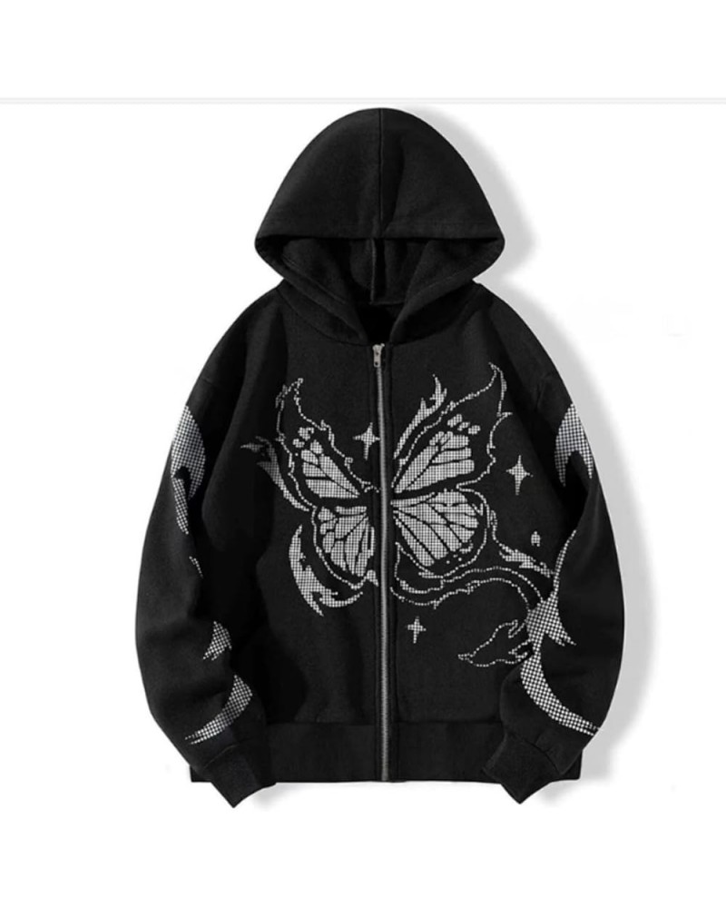 Y2k Vintage Zip Up Hoodie for Women Oversized Butterfly Graphic Long Sleeve Hooded Aesthetic Sweatshirt Jacket Black $10.25 H...