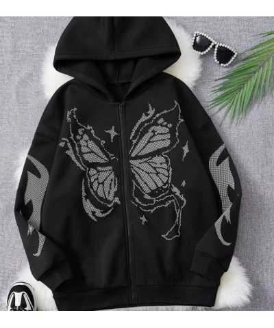 Y2k Vintage Zip Up Hoodie for Women Oversized Butterfly Graphic Long Sleeve Hooded Aesthetic Sweatshirt Jacket Black $10.25 H...